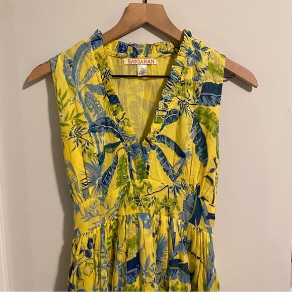 Banjanan Yellow Blue Cotton Bird Floral Mini Dress XS - Picture 11 of 11